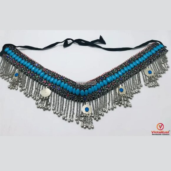 Handmade Kuchi Belt: Turquoise Stones, Bells, Boho Belly Dance Jewelry